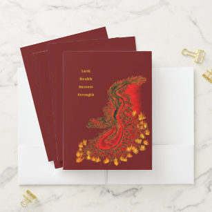 Carpeta Con Bolsillos Dragón chino en diseño rojo y oro