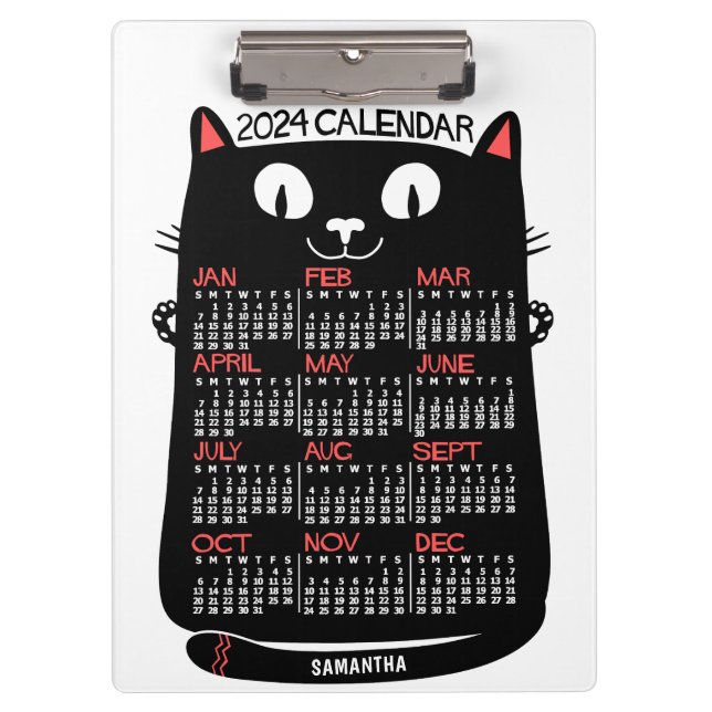 Carpeta De Pinza 2024 Año Calendario Mensual Gato negro de mediados (Anverso)