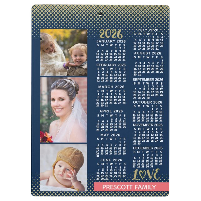 Carpeta De Pinza 2026 Calendar Navy Coral Gold Family Photo Collage (Reverso)