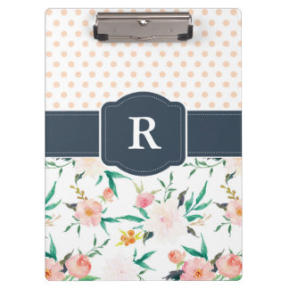 Carpeta De Pinza Acuarela del tablero del monograma floral, azul