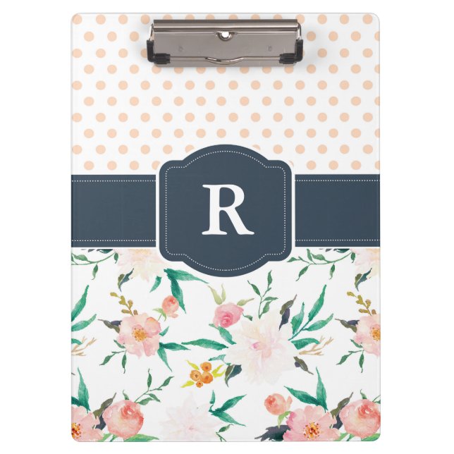 Carpeta De Pinza Acuarela del tablero del monograma floral, azul (Anverso)