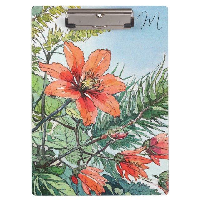 Carpeta De Pinza Acuarela ilustrada Naranja botánico floral (Anverso)