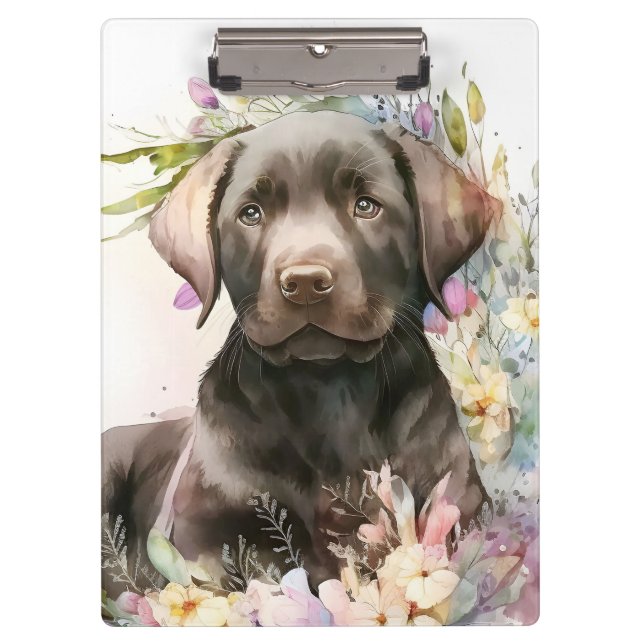 Carpeta De Pinza Acuarela marrón Labrador Recuperador y Flores (Anverso)