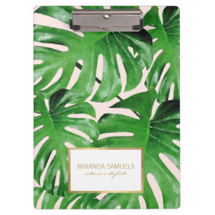 Carpeta De Pinza Acuarela Monstera Tropical Patrón de hojas rosadas