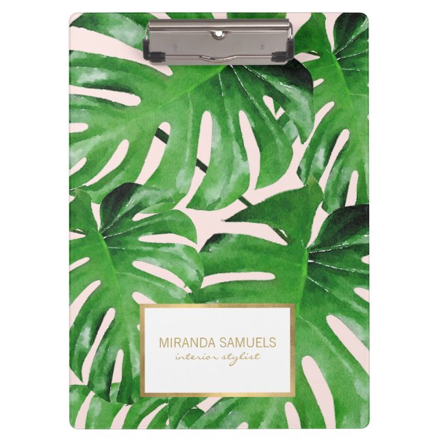Carpeta De Pinza Acuarela Monstera Tropical Patrón de hojas rosadas (Anverso)