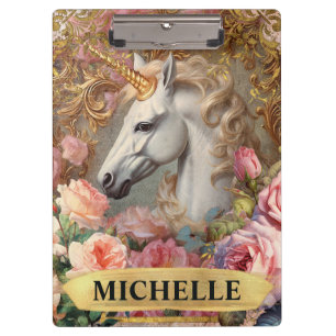 Carpeta De Pinza Acuarela Unicornio Blanco Vintage y Rosas Rosadas