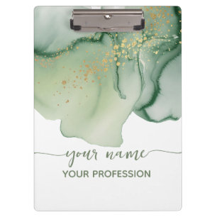 Carpeta De Pinza Acuarela Verde Sage Oro Tu nombre y Profesión