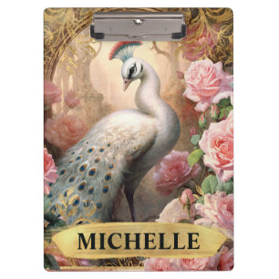 Carpeta De Pinza Acuarela vintage de pavo real blanco y rosas rosad
