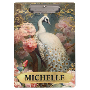 Carpeta De Pinza Acuarela vintage de pavo real blanco y rosas rosad