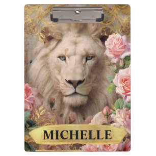 Carpeta De Pinza Acuarela Vintage León Blanco y Rosas Rosadas