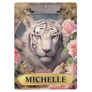 Carpeta De Pinza Acuarela vintage tigre blanco y rosas rosadas