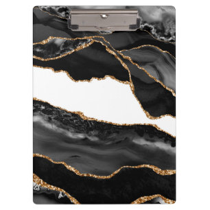 Carpeta De Pinza Ágata Falsa Mármol Negro Piedra Elegante Lujo Oro