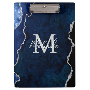 Carpeta De Pinza Ágata Mármol Azul Marino y Plata