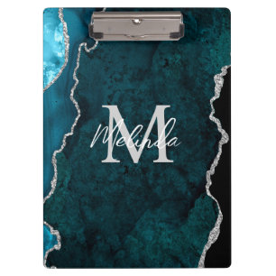 Carpeta De Pinza Ágata Mármol Azul Teal y Plata