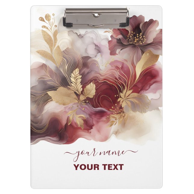 Carpeta De Pinza Agate floral Purpurina de Borgoña y Oro (Anverso)