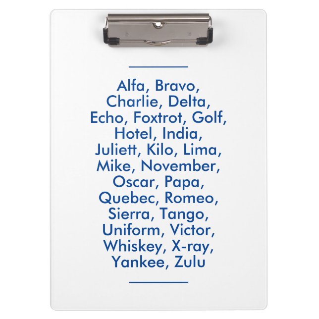 Carpeta De Pinza Alfabeto fonético "OTAN", Alfa al zulú (Anverso)