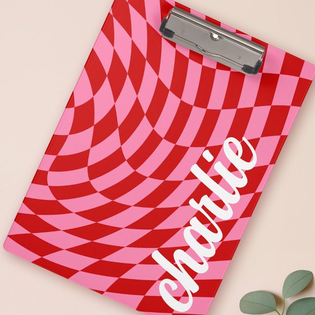 Carpeta De Pinza Anclaje de onda giratoria de tablero de ajedrez re (Retro checkerboard swirl wave pin red clipboard)