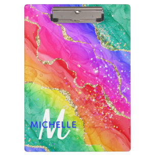 Carpeta De Pinza Arcoíris Brillante & Monograma de Ágata con Brillo