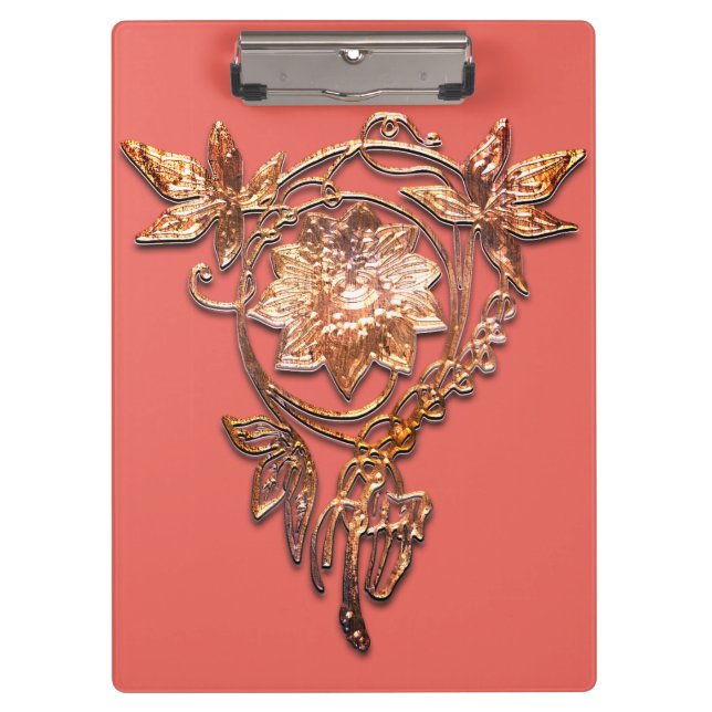 Carpeta De Pinza Art Nouveau joyas bronce floral y melocotón elegan (Anverso)
