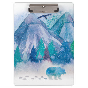 Carpeta De Pinza Arte de paisaje montañoso invernal en acuarela azu