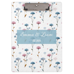 Carpeta De Pinza Arte Floral Personalizado Azul y Rosa Minimalista 