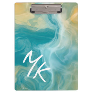 Carpeta De Pinza Arte Monogramado Sandy Brown Ocean Blue Fluid