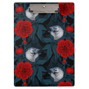 Carpeta De Pinza Aves y flores de peón rojo con hojas azules