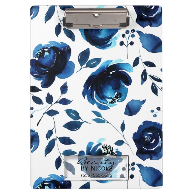 Carpeta De Pinza Azul Índigo Shabby Chic Glam Floral Personalizado (Anverso)