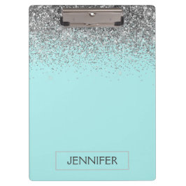 Carpeta De Pinza Azul Teal Plateado Glitter Nombre Monograma Femeni