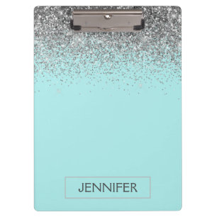 Carpeta De Pinza Azul Teal Plateado Glitter Nombre Monograma Femeni