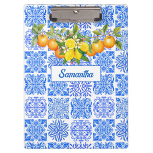 Carpeta De Pinza Azulejos mediterráneos de cítricos amarillo azul s