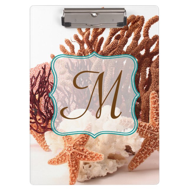 Carpeta De Pinza Beach Coral Star Fish Monograma Placa inicial (Anverso)