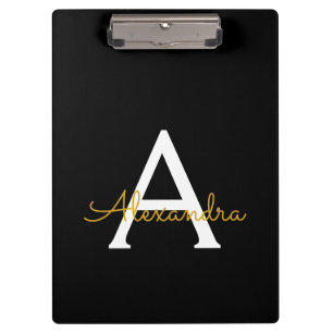 Carpeta De Pinza Black Gold Modern Script Girly Monograma Nombre