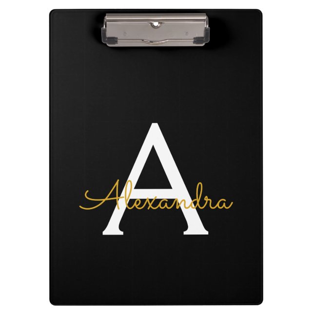 Carpeta De Pinza Black Gold Modern Script Girly Monograma Nombre (Anverso)