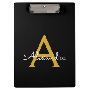 Carpeta De Pinza Black Gold Modern Script Girly Monograma Nombre
