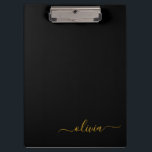 Carpeta De Pinza Black Gold Modern Script Girly Monograma Nombre<br><div class="desc">Portapapeles de planeación de nombres de monograma negro y dorado. Esto hace que el dulce perfecto cumpleaños 16,  boda,  ducha de novia,  aniversario,  ducha de bebé o fiesta de soltera sea regalo para alguien que ama el lujo glam y los estilos de moda.</div>