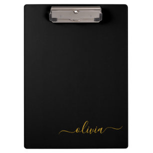 Carpeta De Pinza Black Gold Modern Script Girly Monograma Nombre