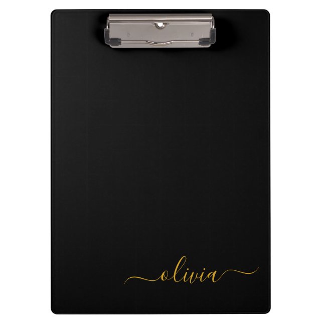 Carpeta De Pinza Black Gold Modern Script Girly Monograma Nombre (Anverso)