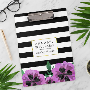 Carpeta De Pinza Black Stripe & Purple Pansy Personalized Clipboard