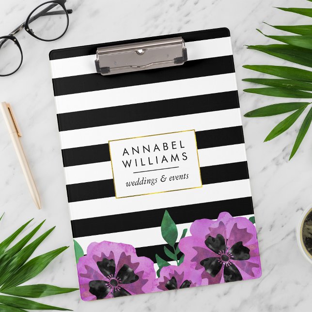Carpeta De Pinza Black Stripe & Purple Pansy Personalized Clipboard (Subido por el creador)