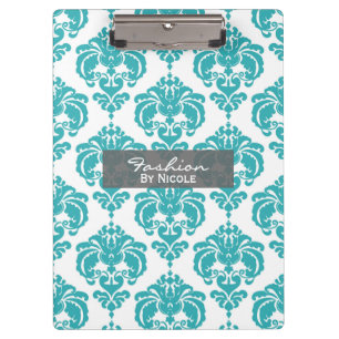 Carpeta De Pinza Blanco Teal Aqua Damask Chic Glam Personalizado