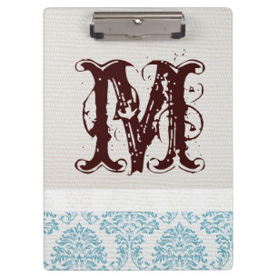 Carpeta De Pinza Blue Filigree Damask Monogram Tarjeta Clip Inicial