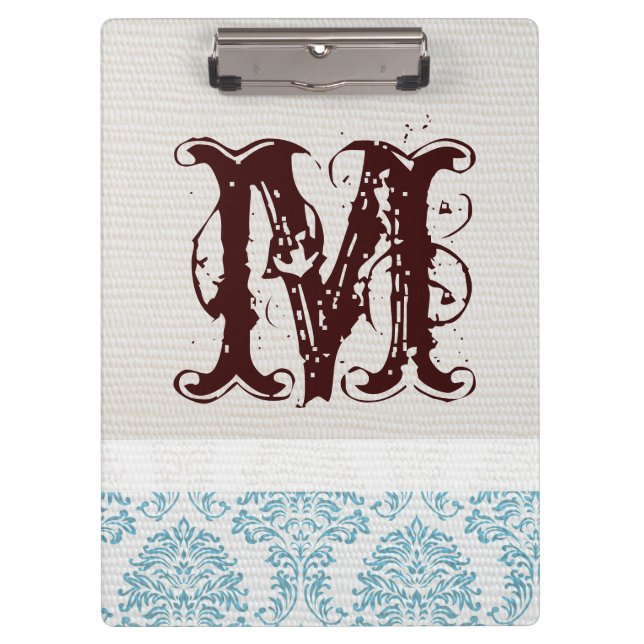 Carpeta De Pinza Blue Filigree Damask Monogram Tarjeta Clip Inicial (Anverso)