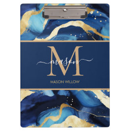 Carpeta De Pinza Blue Gold Mable Monograma moderno Clip de nombre d