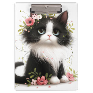 Carpeta De Pinza Bonito gatito de Tuxedo con flores