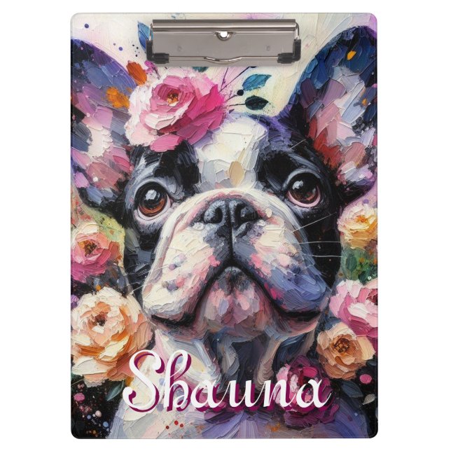 Carpeta De Pinza Bulldog francés con Rosas floral personalizado (Anverso)