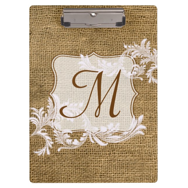 Carpeta De Pinza Burlap Country Lace Monograma Placa inicial (Anverso)