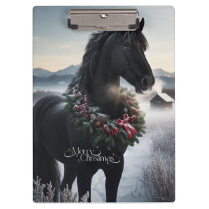 Carpeta De Pinza Caballo negro en la nieve con corona de Navidades