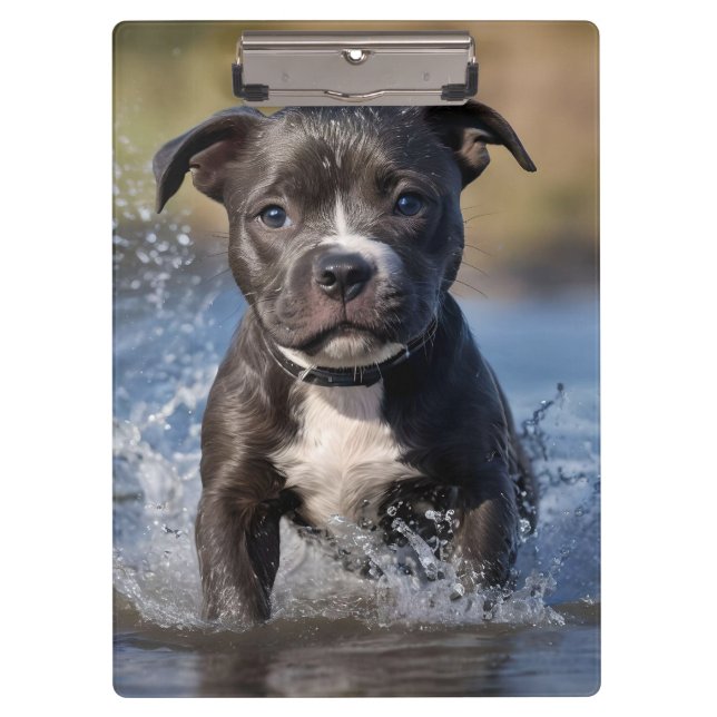 Carpeta De Pinza Cachorro Staffy salpicando en el mar, (Anverso)