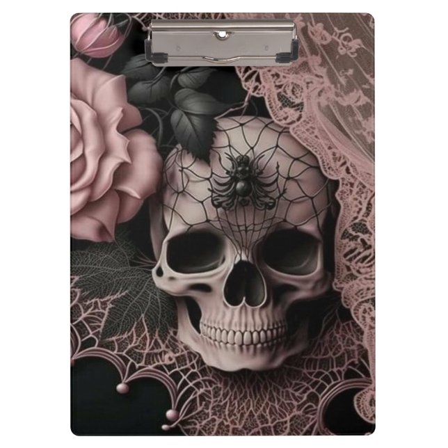 Carpeta De Pinza Calavera con encaje rosado y flor rosa suave (Anverso)